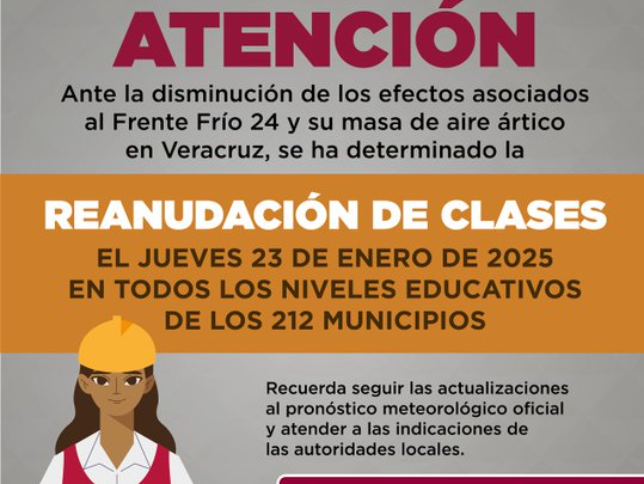 Tras paso de frente frío, reanudan clases este jueves en los 212 municipios de Veracruz