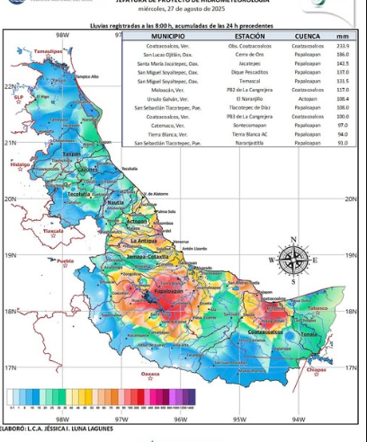 Caen 233 milímetros de lluvia en cuatro horas en Coatzacoalcos