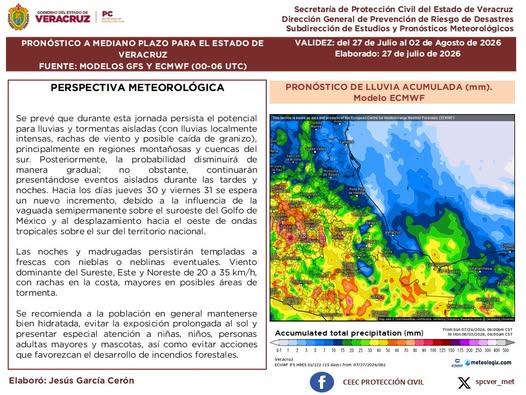 PC prevé lluvias intensas, rachas de viento y posible caída de granizo en Veracruz